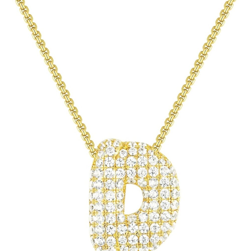 Bubble Letter Necklace, 14k Gold Plated Balloon Initial Pendant Box Chain Neckla